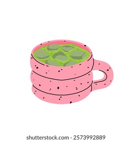 Japan matcha cocktails. Icon of matcha drinks with latte , frappuccino, mojito, lemonade and coffee tonic. Green iced matcha latte in various cups. Flat cartoon vector illustration