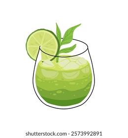 Japan matcha cocktails. Icon of matcha drinks with latte , frappuccino, mojito, lemonade and coffee tonic. Green iced matcha latte in various cups. Flat cartoon vector illustration