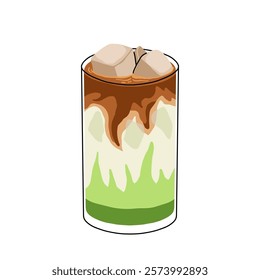 Japan matcha cocktails. Icon of matcha drinks with latte , frappuccino, mojito, lemonade and coffee tonic. Green iced matcha latte in various cups. Flat cartoon vector illustration