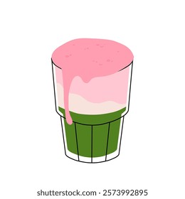 Japan matcha cocktails. Icon of matcha drinks with latte , frappuccino, mojito, lemonade and coffee tonic. Green iced matcha latte in various cups. Flat cartoon vector illustration