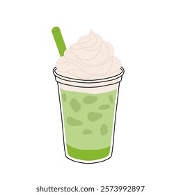 Japan matcha cocktails. Icon of matcha drinks with latte , frappuccino, mojito, lemonade and coffee tonic. Green iced matcha latte in various cups. Flat cartoon vector illustration