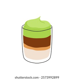 Japan matcha cocktails. Icon of matcha drinks with latte , frappuccino, mojito, lemonade and coffee tonic. Green iced matcha latte in various cups. Flat cartoon vector illustration