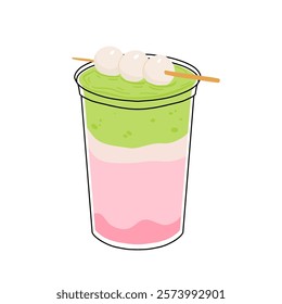 Japan matcha cocktails. Icon of matcha drinks with latte , frappuccino, mojito, lemonade and coffee tonic. Green iced matcha latte in various cups. Flat cartoon vector illustration