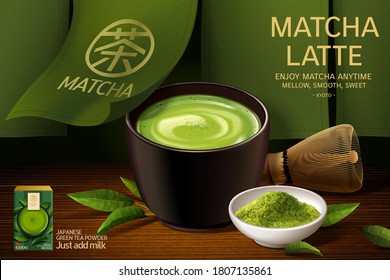 Japan matcha latte ad in 3d illustration, matcha cup set on Japanese wooden plate with green curtain on the back, Translation: tea