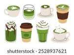 Japan matcha latte set. Flat cartoon illustration of matcha drinks. Matcha latte with foam art, heart, rabbit, flower. Green matcha in various cups.