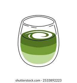 Japan matcha latte set. Flat cartoon illustration of matcha drinks. Matcha latte with foam art, heart, rabbit, flower. Green matcha in various cups.