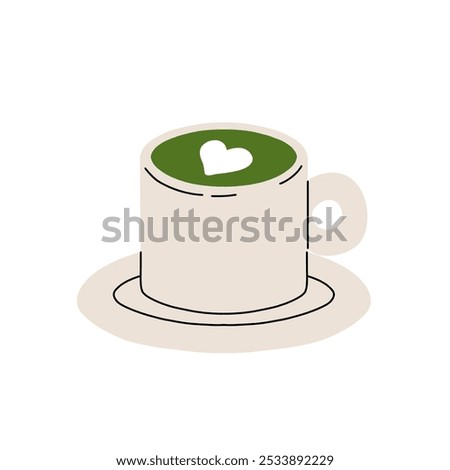 Japan matcha latte set. Flat cartoon illustration of matcha drinks. Matcha latte with foam art, heart, rabbit, flower. Green matcha in various cups.