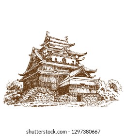 Japan Matsue "Castle of the Raven". Castle Pine Bay. Engraving