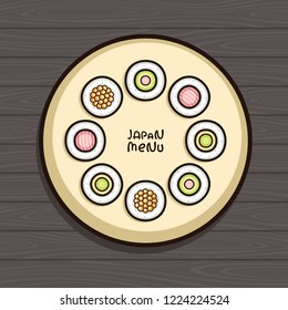 Japan menu vector illustration. Plate with sushi rolls on wooden table. Template for menu cover and sushi bar logo. Traditional japanese food.