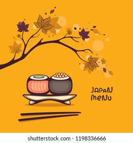 Japan menu vector illustration. Tasty sushi roll with autumn branch on background. Season menu decoration.