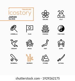 Japan - modern line design style icons set. Japanese national symbols and traditions. Images of sakura, Fuji, umbrella, flag, pagoda, ying yang, origami, ninja, sumo, baseball, bamboo, stones, katana