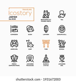 Japan - modern line design style icons set. Japanese national symbols and traditions. Images of koinobori, sushi, lantern, Daruma doll, anime girl, carp, torii, bonsai, samurai mask, Buddha statue