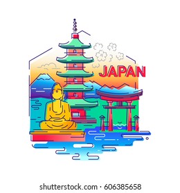 Japan - modern vector line travel illustration. Be on a safe and exciting journey. Landmark image. An unusual composition with buddha, temple, mountain, sea, flower, torii in the sky background