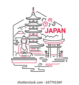 Japan - modern vector line travel illustration. Have a trip, enjoy Japanese vacation. Landmark image. An unusual composition with buddha, temple, mountain, sea, flower, torii in the sky background