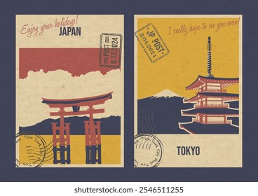 Japan berühmteste Attraktionen. Illustrationen im Retro-Postkartenformat. Das schwimmende Tor, Pagode, Fuji Mount. Retro alte Grußkarten Vektorvorlagen. Postaufdruck, gereifte Papierstruktur