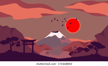 Japan mountain Fuji with snow near the water, sunset landscape background, red sun, pink sakura trees, japan houses and boat, Vector illustration
