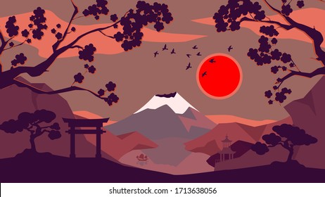 Japan mountain Fuji with snow near the water, sunset landscape background, red sun, pink sakura trees, japan houses and boat, Vector illustration