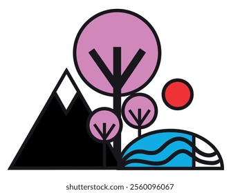 Japan. Mountain,  sea, wave, Sakura tree, red sun. Vector illustration.