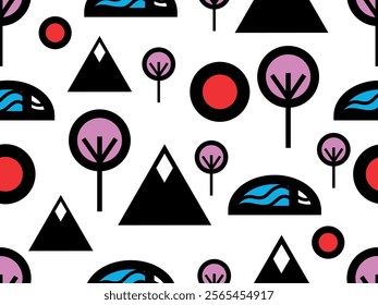 Japan. Mountain,  sea, wave, Sakura tree, red sun. Vector illustration. Seamless vector pattern for design and decoration. 