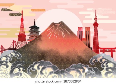 Japan Mt. Fuji and the cityscape of Tokyo