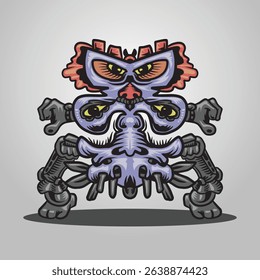 Japan multi eyes robotic vector hand draw with black outline, on grey background