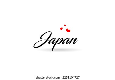 Japan name country word with three red love heart. Creative typography icon logo design