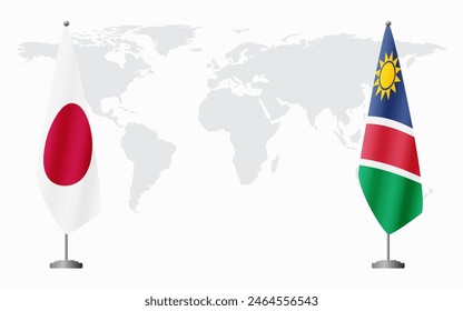Japan and Namibia flags for official meeting against background of world map.