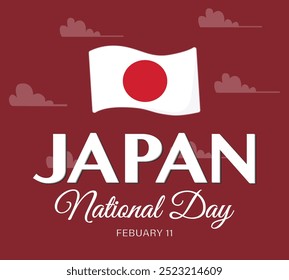 Japan national day card with Japanese flag and clouds on red background