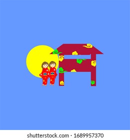Japan National doll Hina Ningyo in a red kimono with pattern of gold lilies. A character in a cartoon style. Vector illustration on white background. Isolated.
