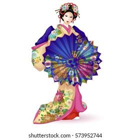 La muñeca nacional japonesa Hina Ningyo en un kimono azul con un paraguas. Patrón con crisantemos. Un personaje al estilo de una caricatura. Ilustración vectorial sobre fondo blanco. Aislado.