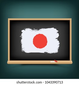 Japan national flag draw on school education blackboard. Great 8 country Japanese standard banner backdrop. Learn language lesson