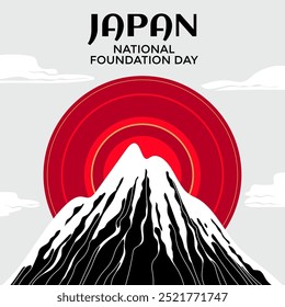 Ilustração do Dia da Fundação Nacional do Japão com o Nascer do Sol e o Monte Fuji ao fundo