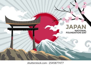 Japan National Foundation Day Illustration with Sunrise and Mount Fuji background
