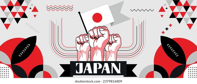 Japan national or independence day banner design for country celebration. Flag and map of Japan with raised fists. Modern retro design with abstract geometric icons. Vector illustration.