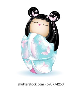 Japan National kokeshi doll in blue kimono with a pattern of pink clouds and butterflies. Vector illustration on white background. A character in a cartoon style. Isolated.