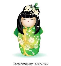 Japan National kokeshi doll in a green kimono with a pattern of white flowers and dragonflies. Vector illustration on white background. A character in a cartoon style. Isolate