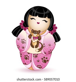 Japan National kokeshi doll in in a pink kimono with a pattern of brown cat paws. In her hands she holds a small kitten. Vector illustration. A character in a cartoon style. Isolated.