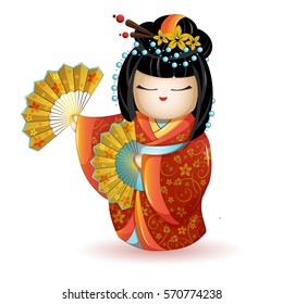 Japan National kokeshi doll in red kimono with fans. Vector illustration on white background. A character in a cartoon style. Isolated.