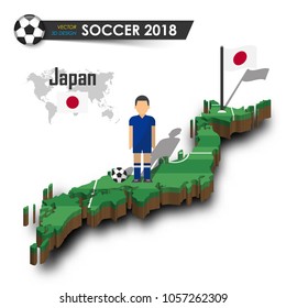 Japan national soccer team . Football player and flag on 3d design country map . isolated background . Vector for international world championship tournament 2018 concept .