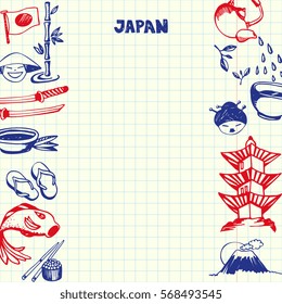 Japan national symbols. Japaneses cultural, culinary, nature, historical, architectural hand drawn doodles on sides of squared paper sheet with copy space in center vector. Pen sketched asian icons