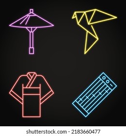 Japan National Symbols Neon Icon Set. Traditional Umbrella, Japanese Origami, Kimono And Koto Musical Instrument. Vector Illustration.
