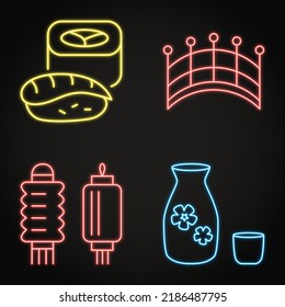 Japan national symbols neon icon set. Traditional bridge, sake drink, sushi and japanese lantern. Vector illustration.