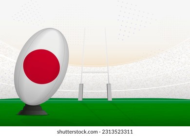 El equipo nacional japonés de rugby pelota en el estadio de rugby y en los puestos de gol, preparándose para un penal o patada libre. Ilustración vectorial.