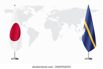 Japan and Nauru flags for official meeting against background of world map.