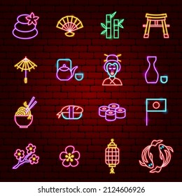 Japan Neon Icons. Vector Illustration of Culture Promotion.