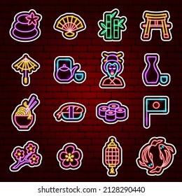 Japan Neon Stickers. Vector Illustration of Culture Promotion.