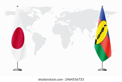 Japan and New Caledonia flags for official meeting against background of world map.