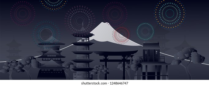 Japan New Year,japan of world famous landmarks with colorful fireworks.vector paper art and digital craft style.