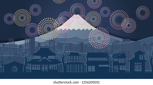 Japan New Year,japan of world famous landmarks with colorful fireworks.vector paper art and digital craft style.