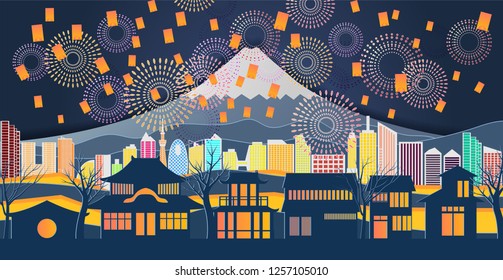 Japan New Year,japan of world famous landmarks with colorful fireworks.vector paper art and digital craft style.